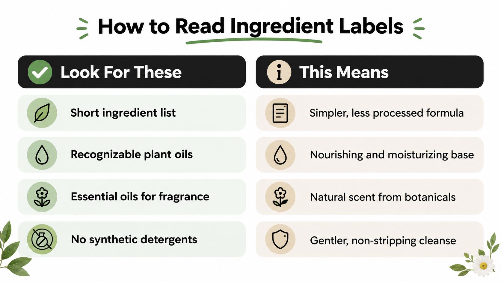 An infographic titled How to Read Ingredient Labels listing tips for identifying high quality natural products.