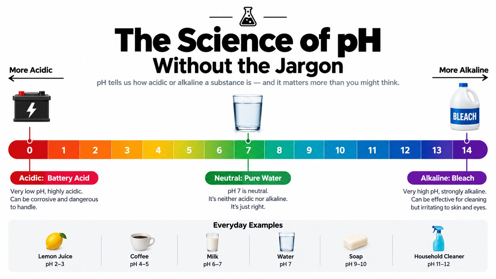 An infographic chart displaying the pH scale from 0 to 14, highlighting acidic, neutral, and alkaline substances.