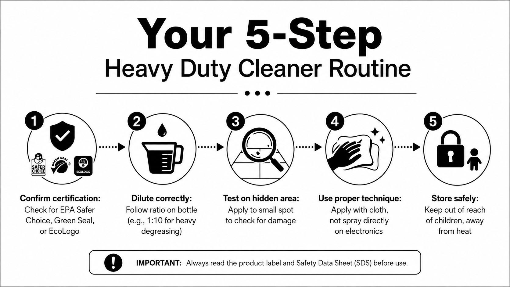 An infographic illustrating a 5-step safety and usage routine for using a heavy duty all purpose cleaner.