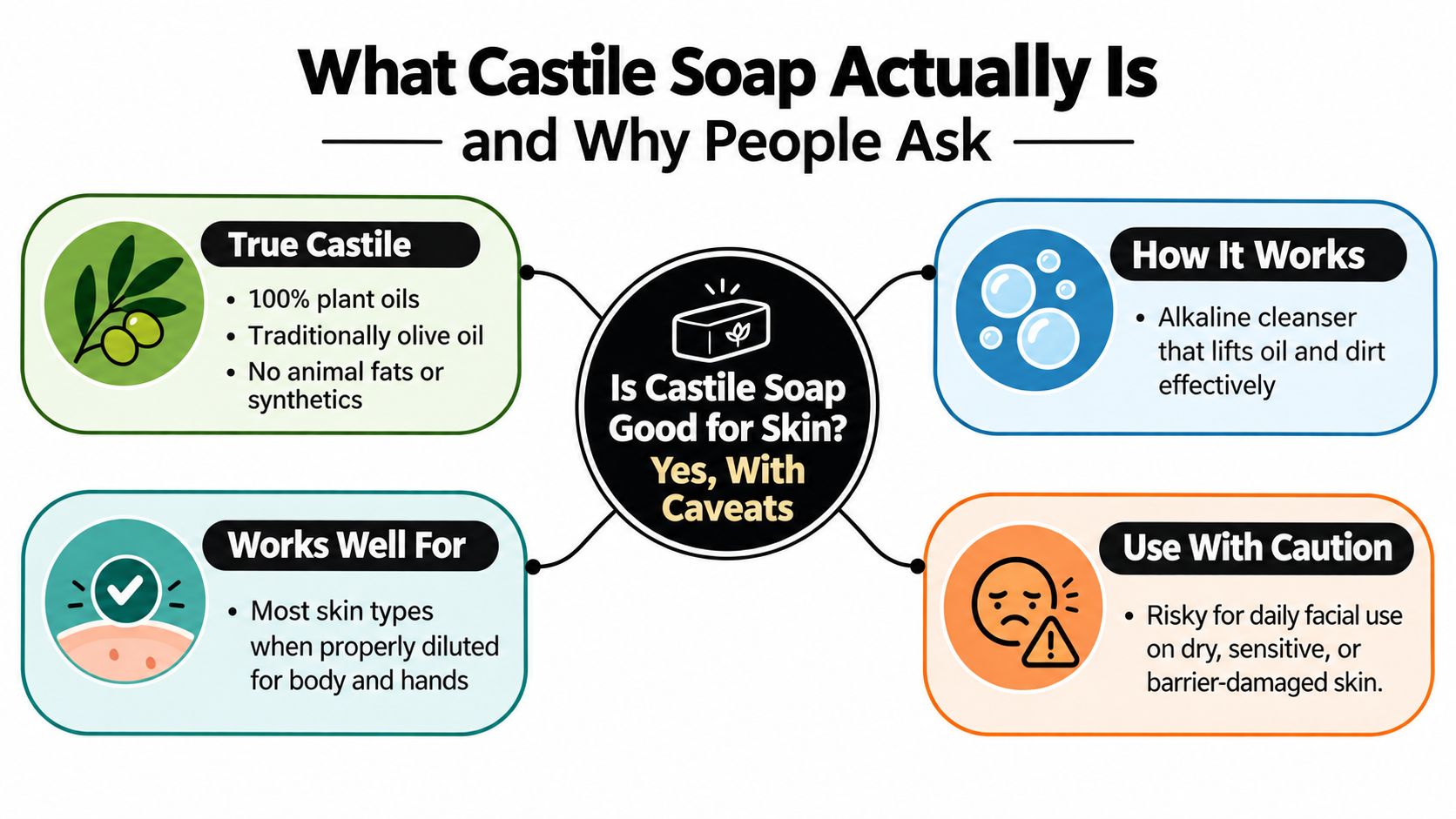 A diagram explaining if castile soap is good for skin by outlining its composition, function, and use.