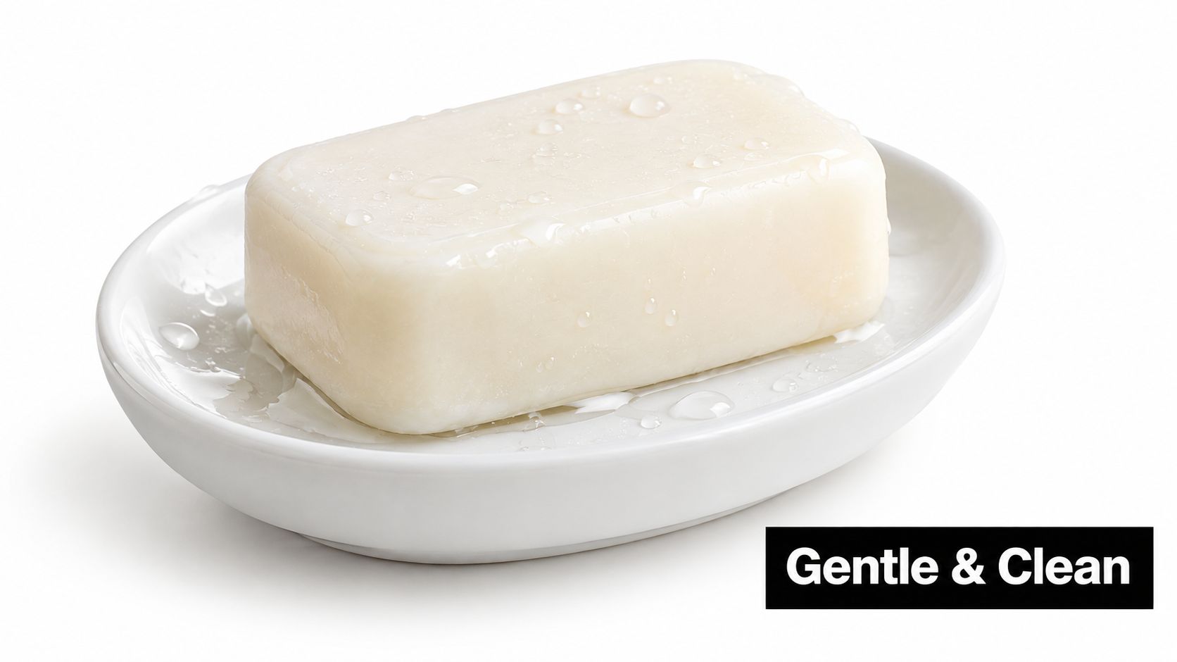 A single rectangular bar of white soap resting in a clean ceramic dish with water droplets.