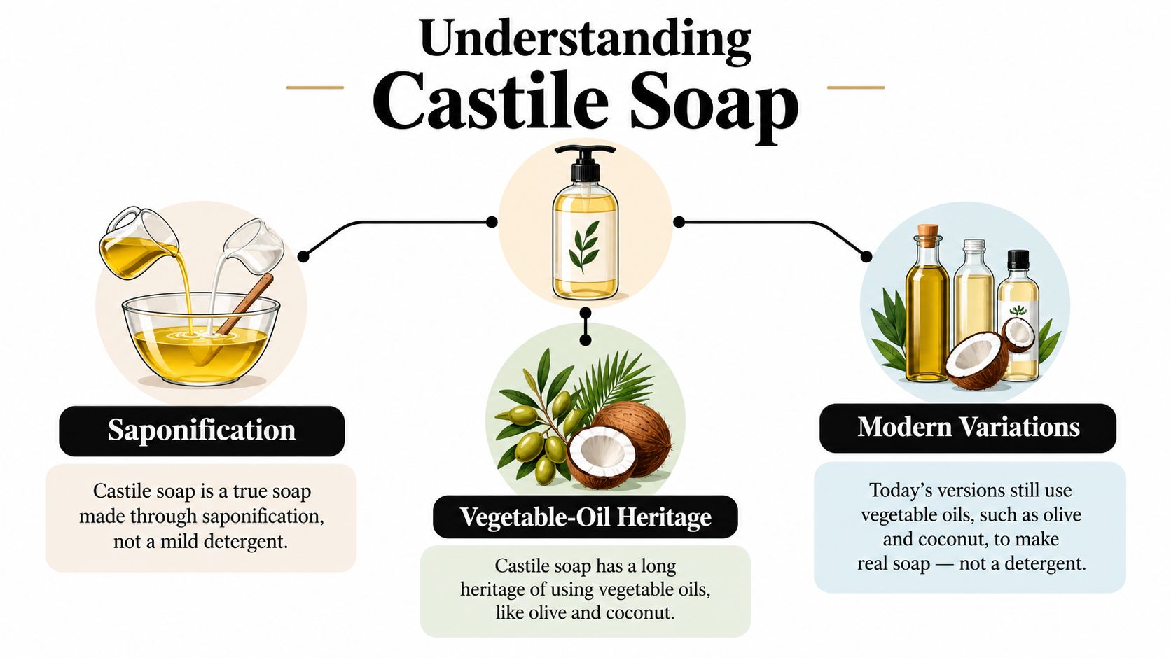 An infographic titled Understanding Castile Soap explaining saponification, vegetable oil heritage, and modern usage of the soap.