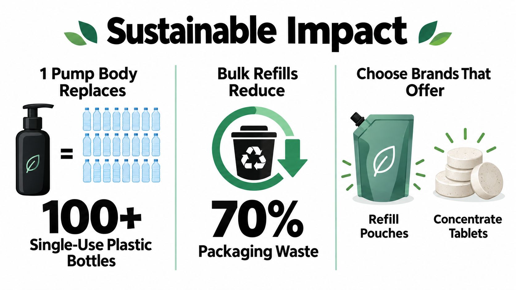 An infographic illustrating how refillable pump bottles, bulk refills, and concentrated tablets reduce plastic waste effectively.