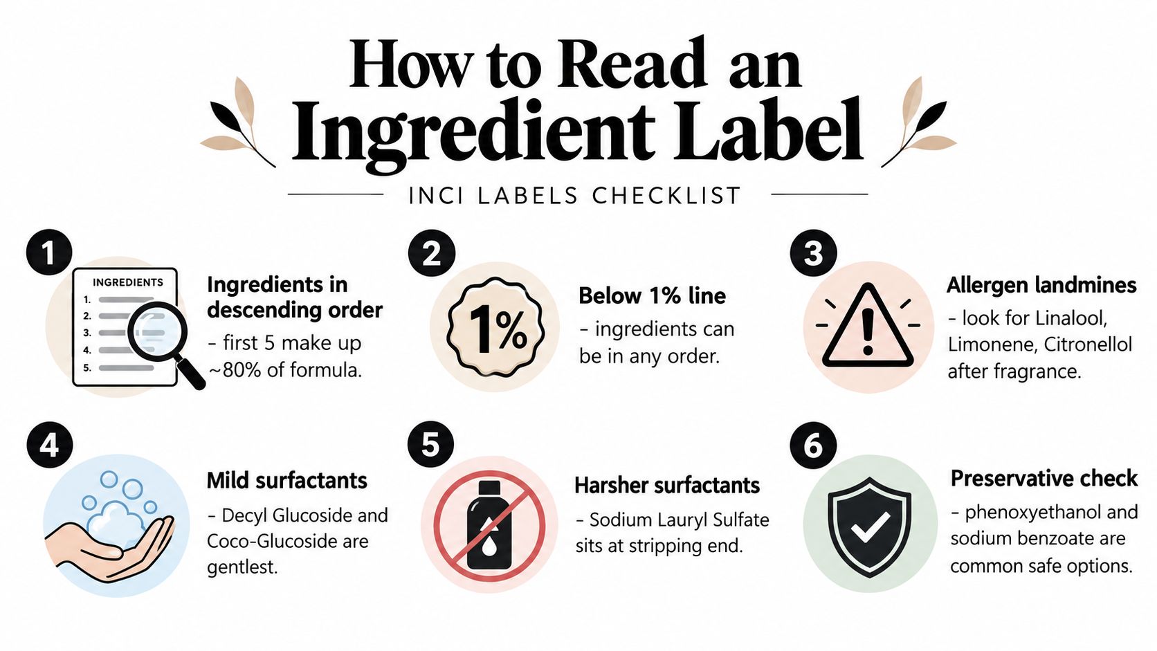 A simple guide numbered one through six showing how to read and understand skincare ingredient labels.