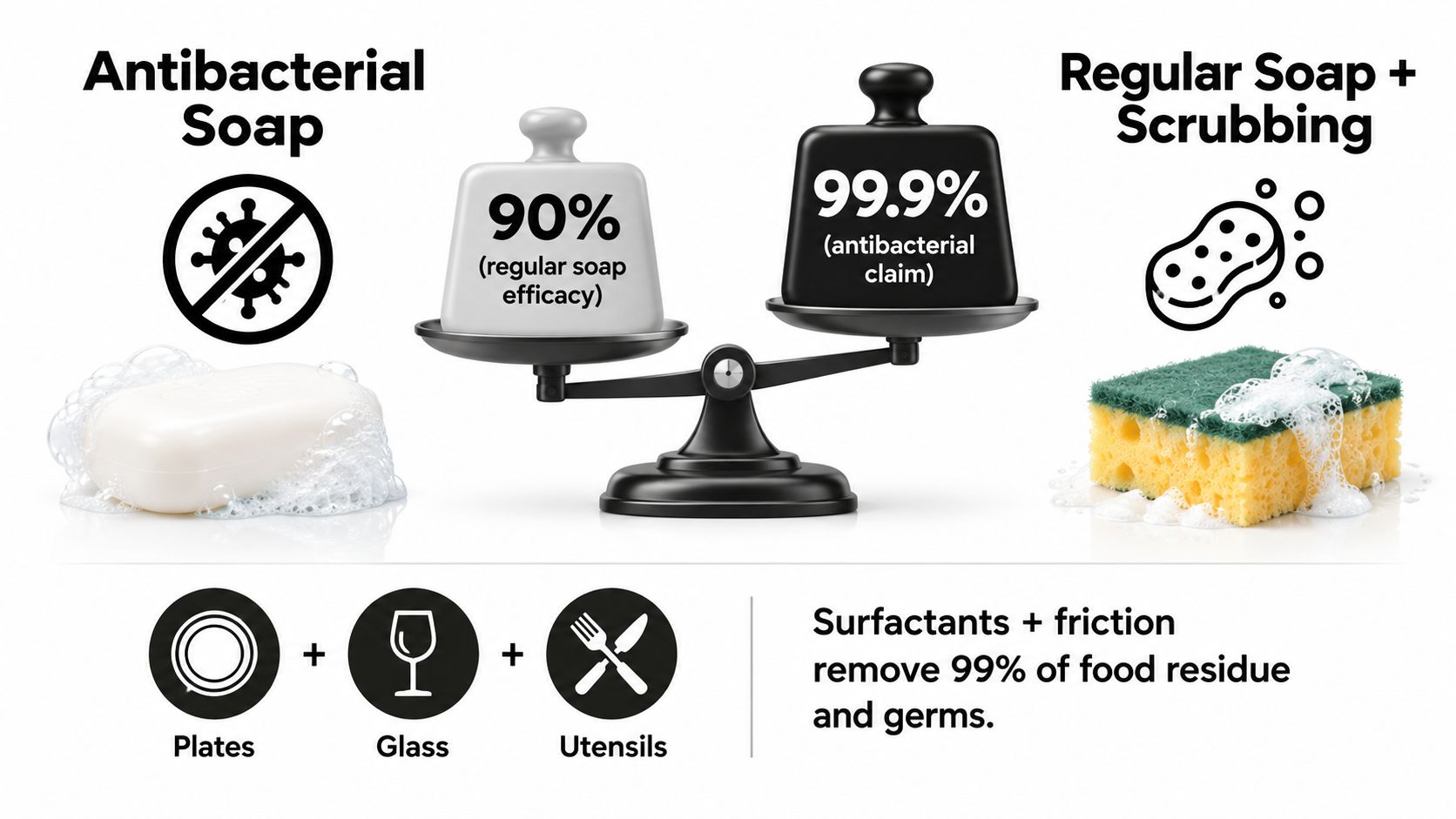 A comparison showing that regular soap with scrubbing is as effective as antibacterial soap for cleaning.