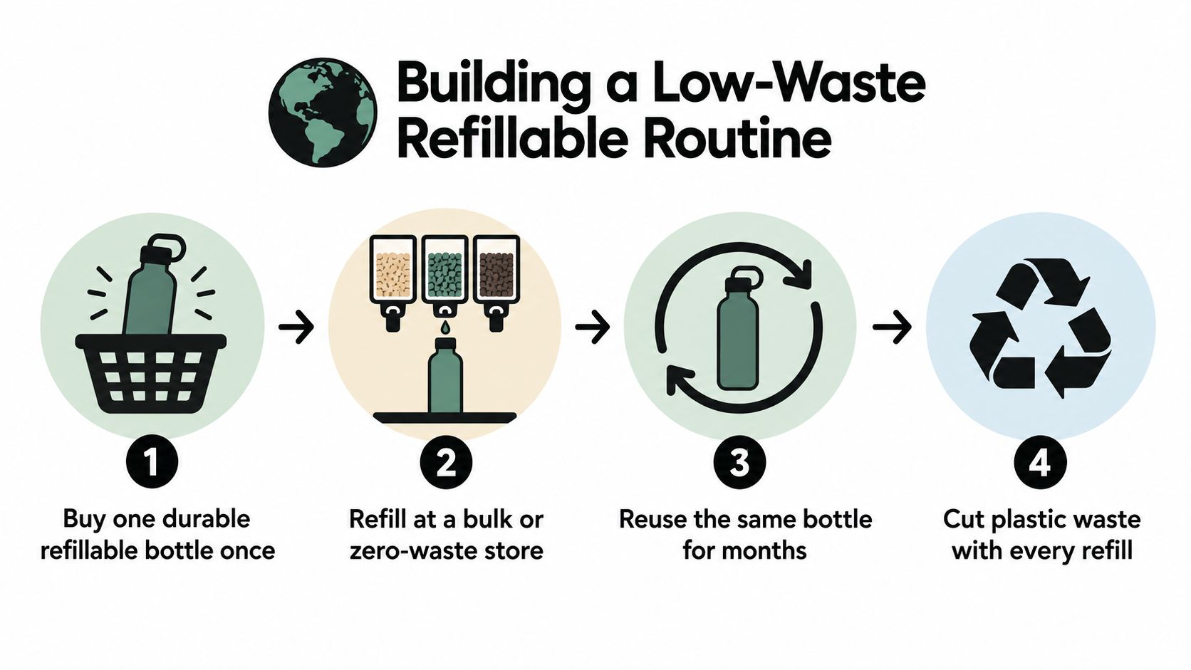 A four step infographic illustrating how to build a low-waste refillable bottle routine for sustainability.
