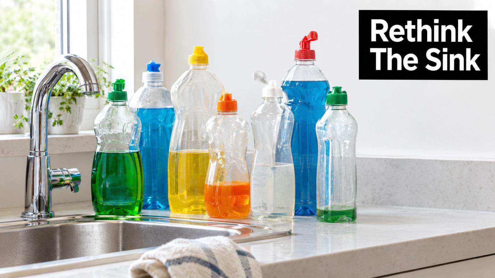 A row of colorful transparent plastic dish soap bottles sitting on a clean kitchen counter near a sink.
