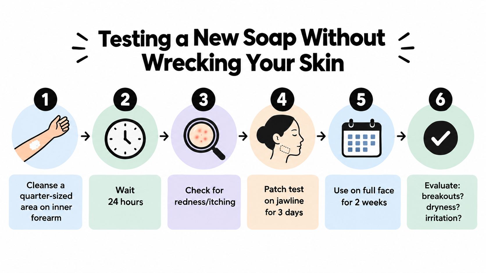 A step-by-step instructional infographic on how to safely test a new soap on your skin.