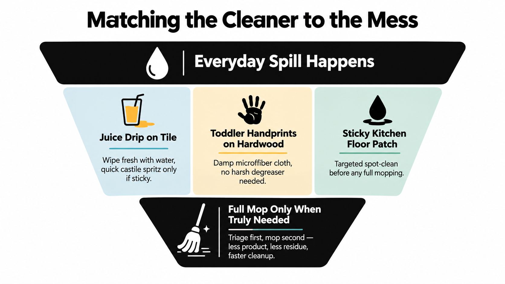 An infographic titled Matching the Cleaner to the Mess showing strategies for cleaning spills on different floor types.