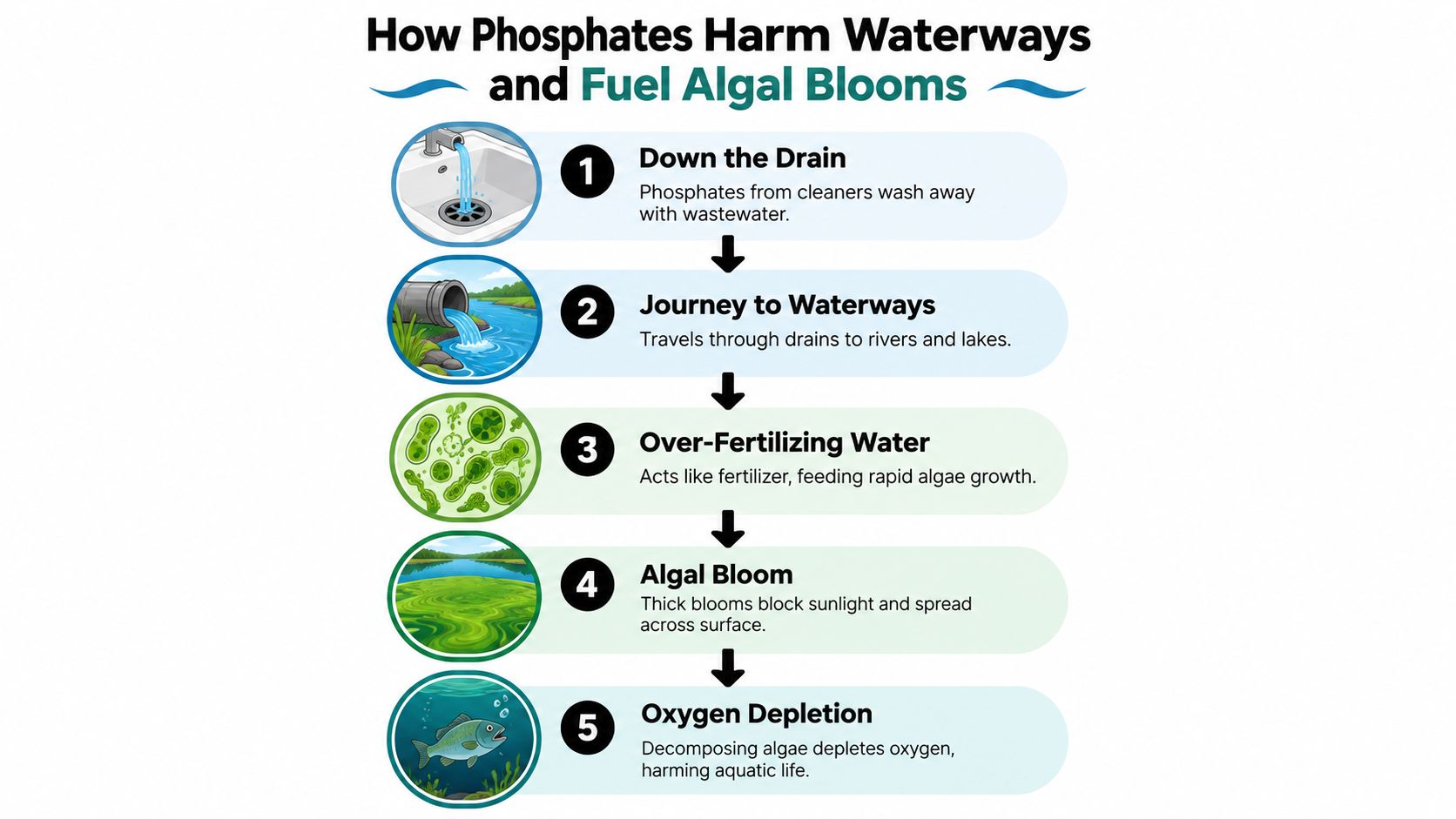 An infographic showing how phosphate-based cleaners enter waterways, causing excessive algal blooms and depleting oxygen for aquatic life.
