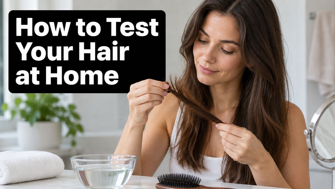 A woman testing her hair porosity by holding a hair strand near a bowl of water