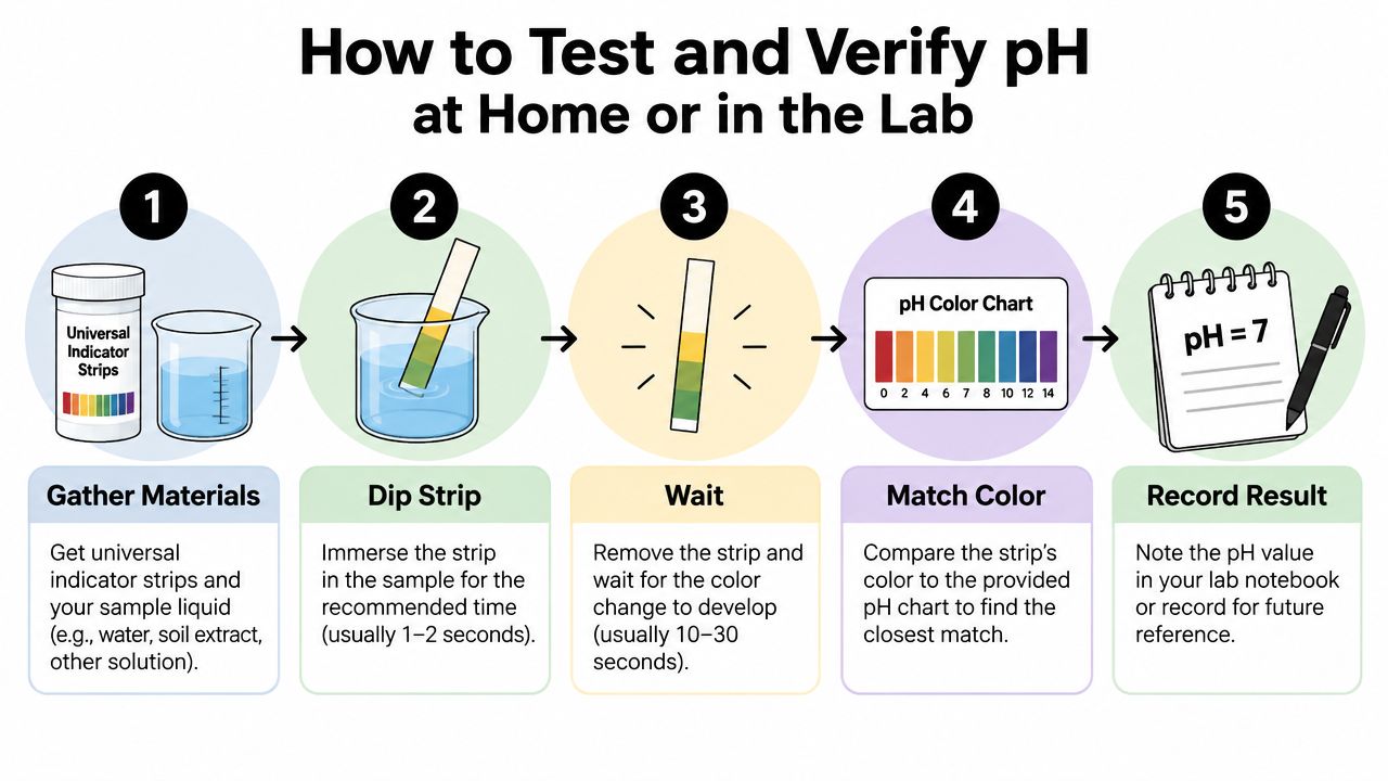 A five-step infographic showing how to test and verify pH levels using indicator strips and a chart.