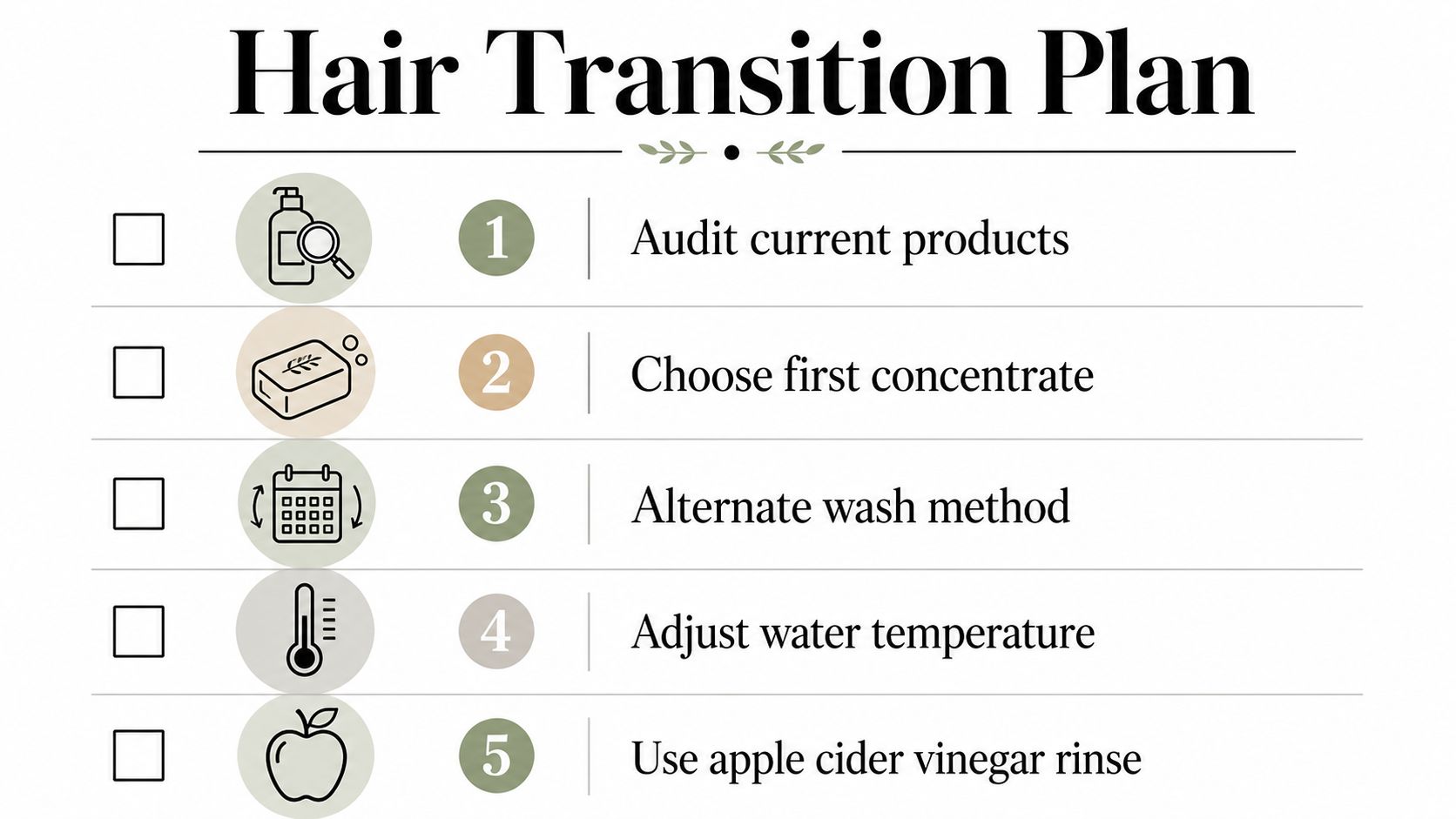 A five-step checklist for a hair transition plan to sustainable zero waste shampoo and conditioner routines.