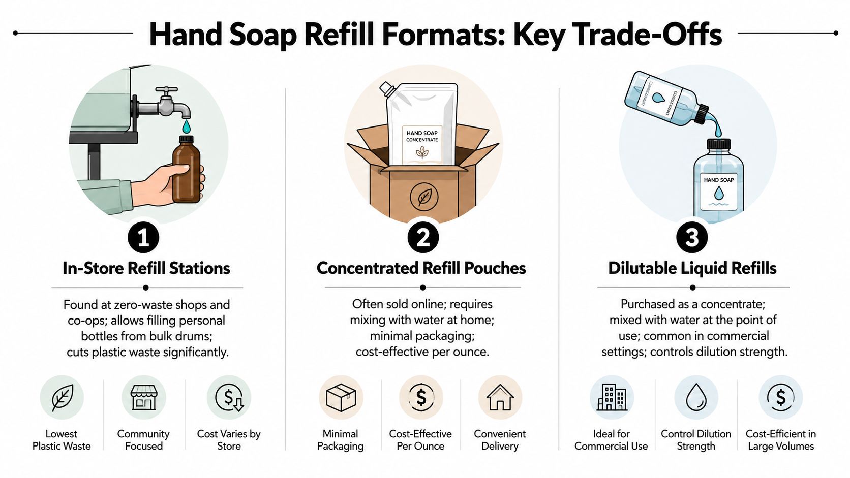 A visual comparison infographic showing three different methods for refilling hand soap to reduce plastic waste.