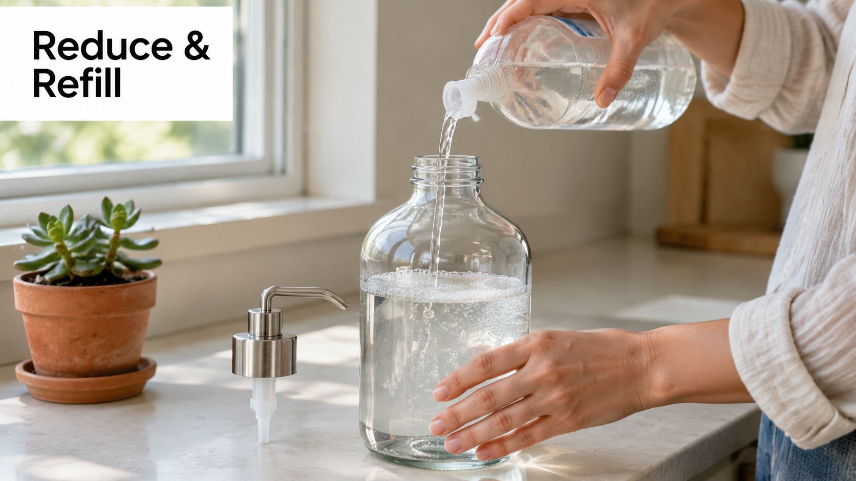 A person pouring liquid from a clear plastic bottle into a glass soap dispenser on a counter.