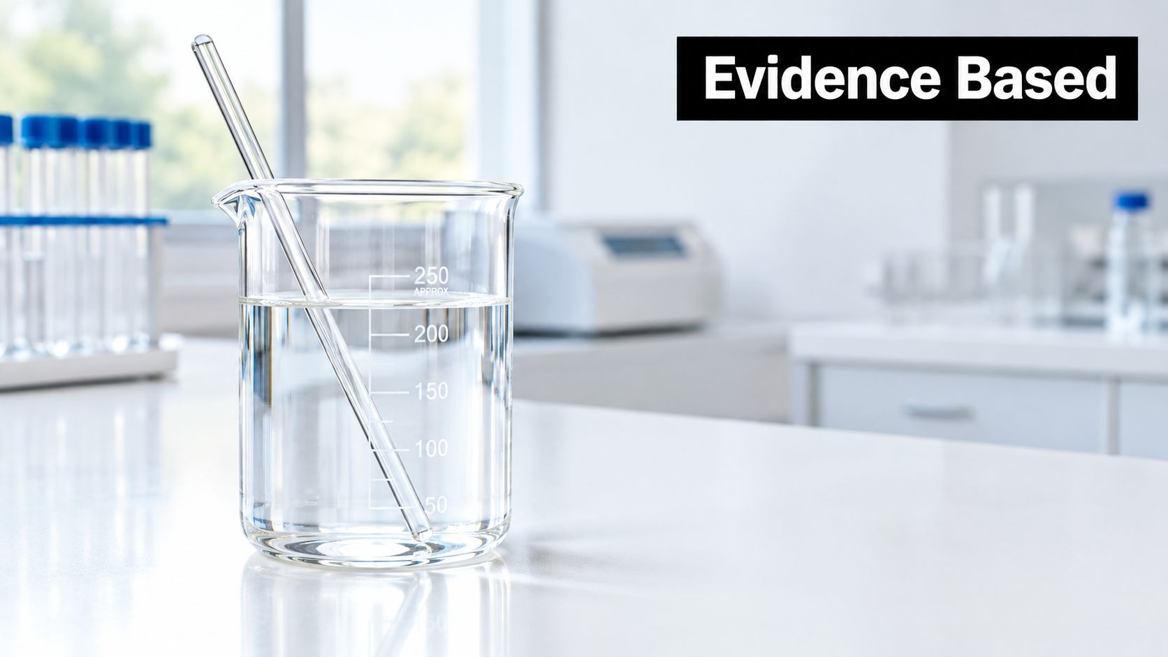 A laboratory beaker with clear liquid and a stirring rod sitting on a white benchtop.
