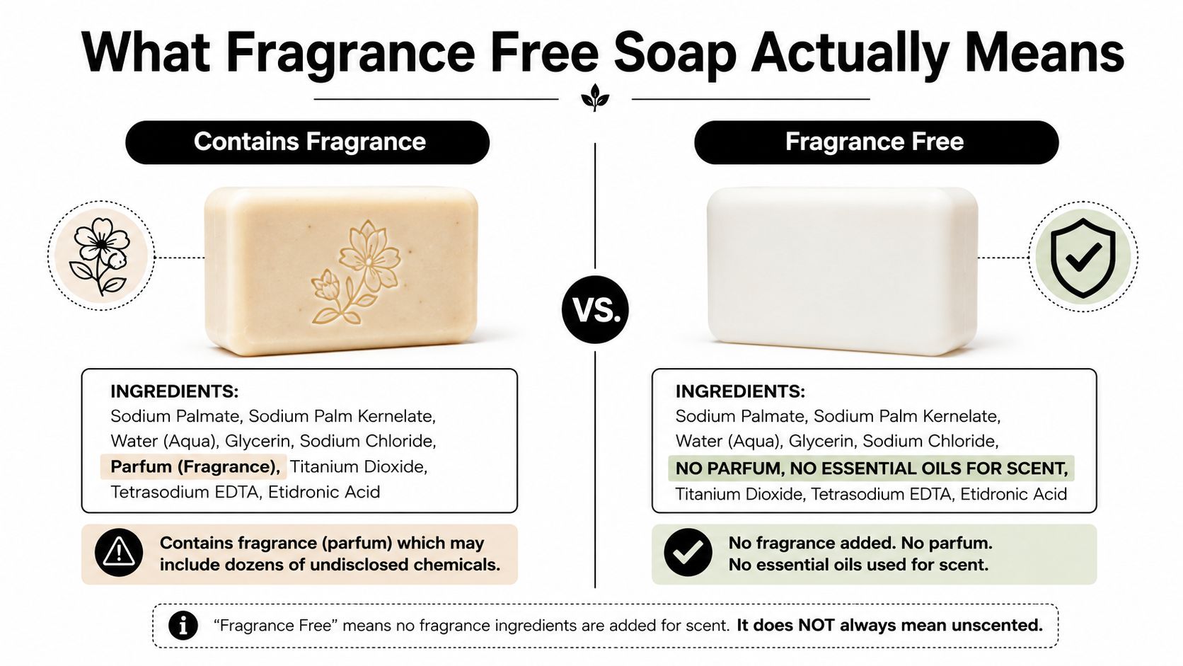 An infographic explaining the difference between fragranced and fragrance-free soap, highlighting ingredient lists and common terminology.