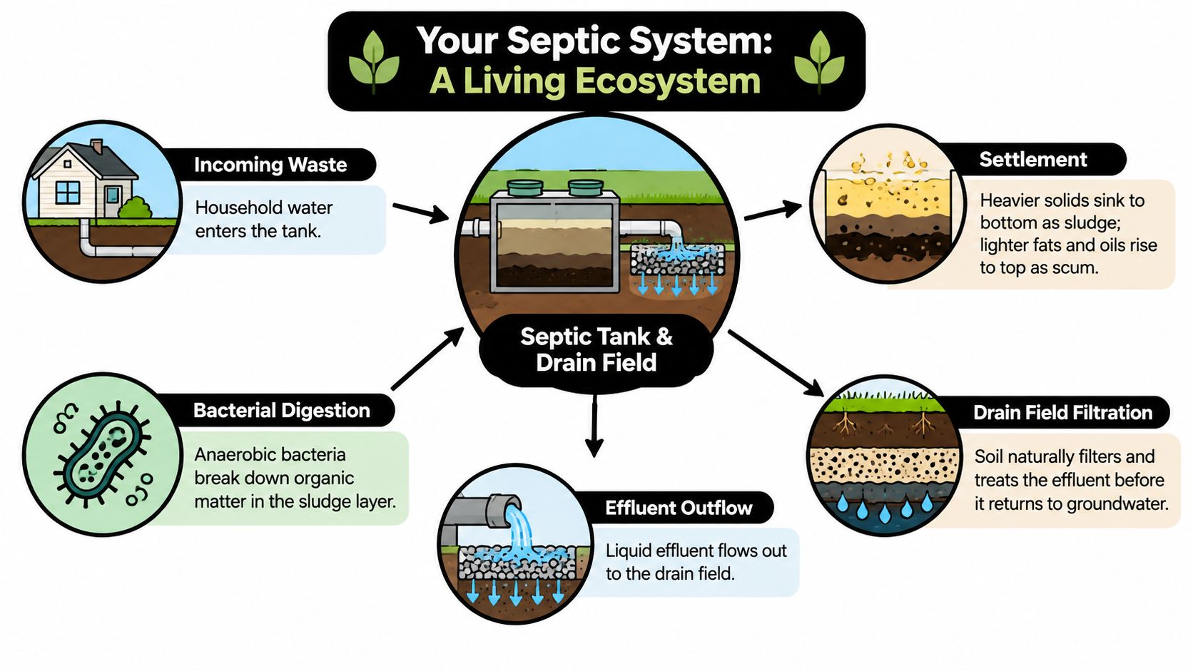 An infographic diagram illustrating the step-by-step process of how a home septic system and drain field works.