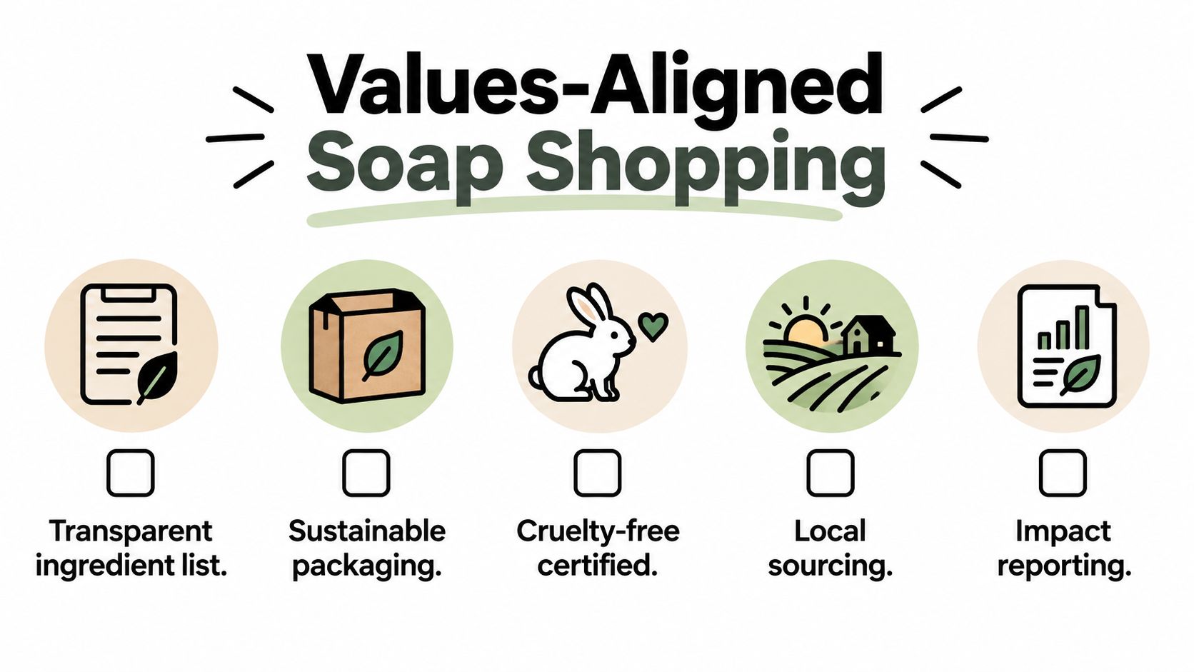 An infographic titled Values-Aligned Soap Shopping with five icons representing sustainable and ethical soap product criteria.