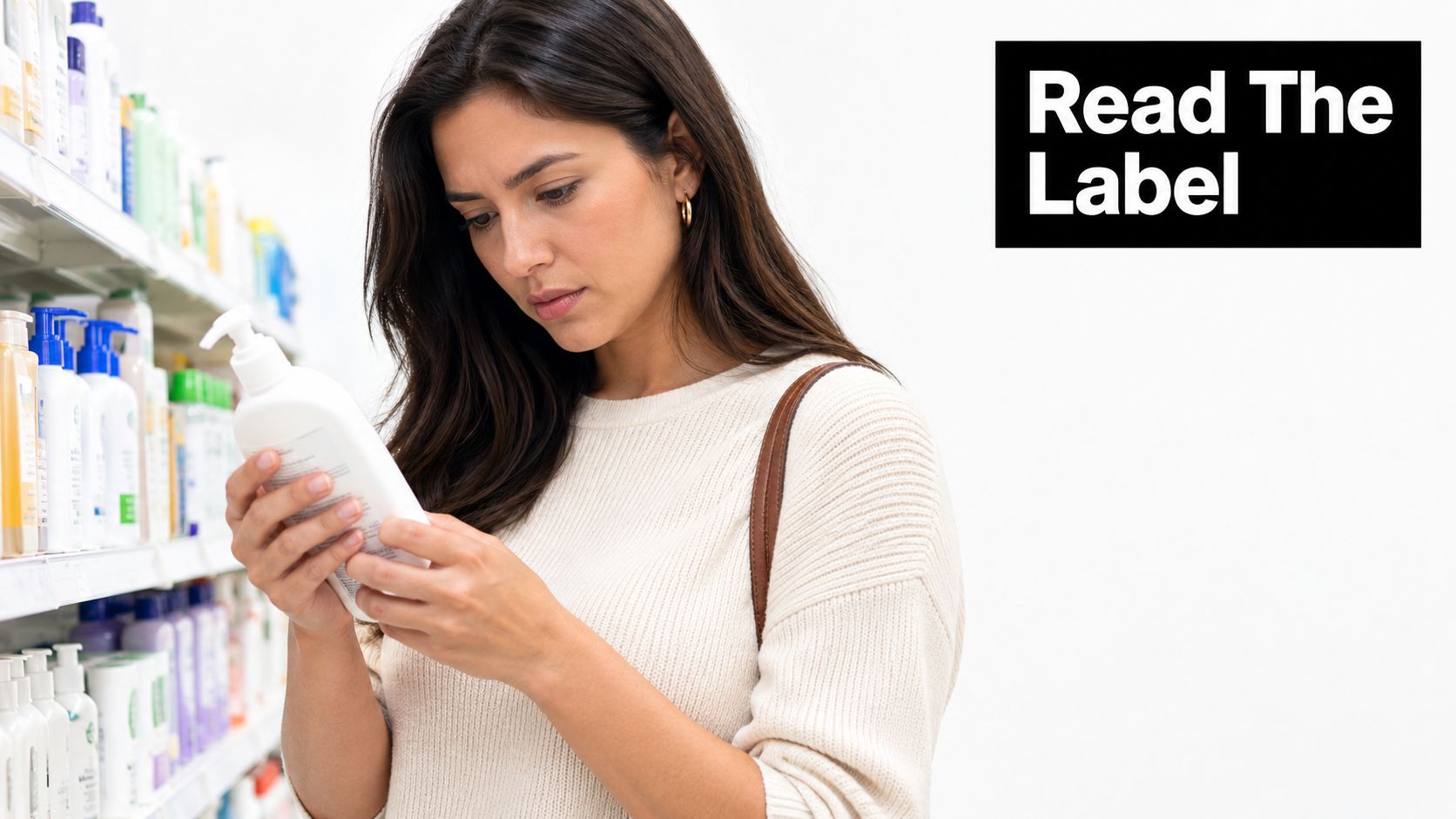 A focused woman in a cream sweater carefully reading the back label of a white skincare bottle.
