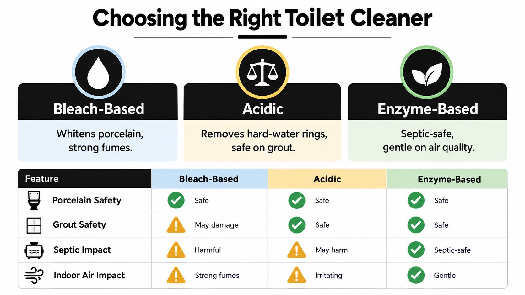 A comparison chart outlining the pros and cons of bleach-based, acidic, and enzyme-based toilet cleaners.