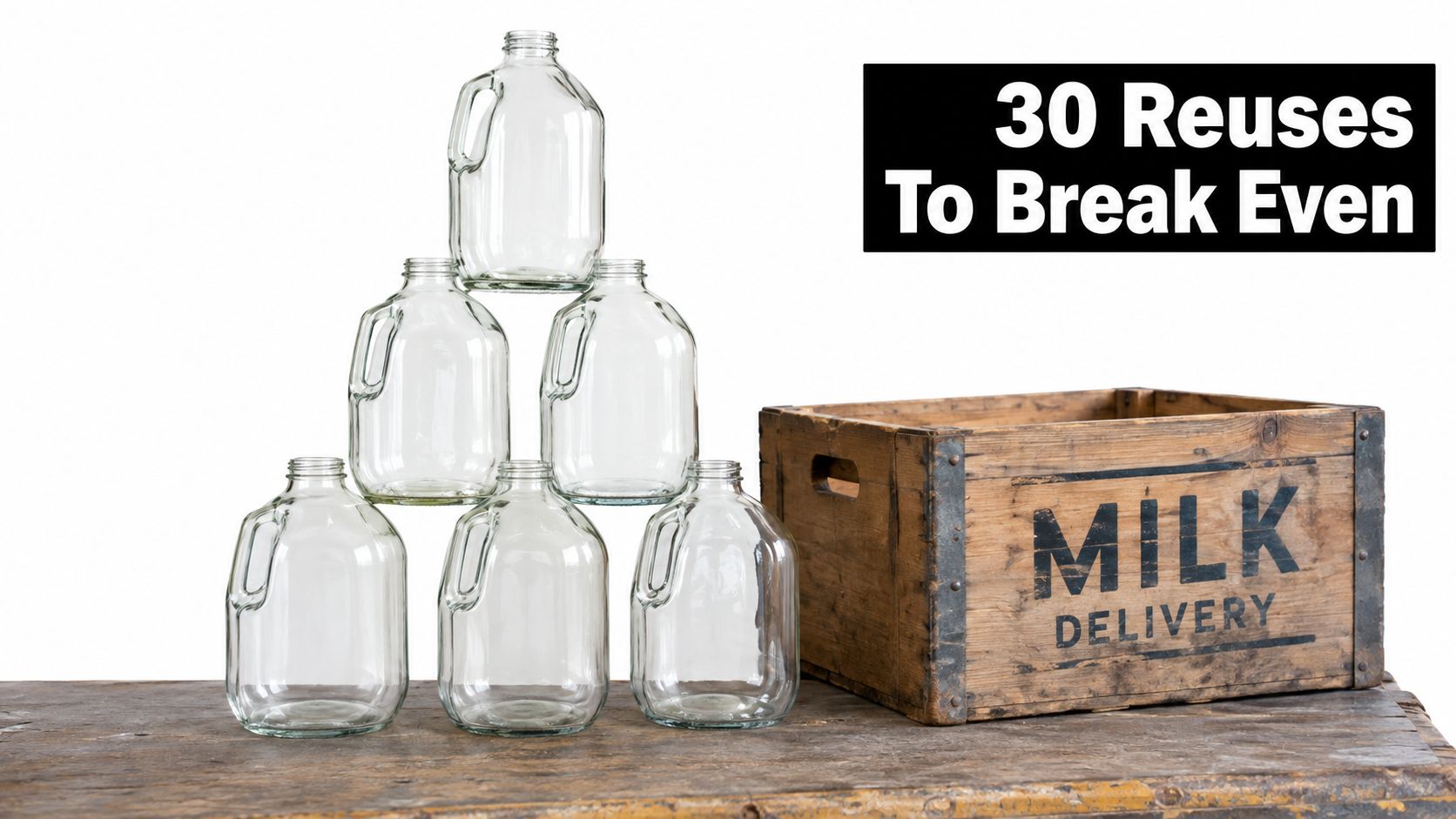 A stack of six empty half gallon glass milk jugs next to a rustic wooden milk crate.
