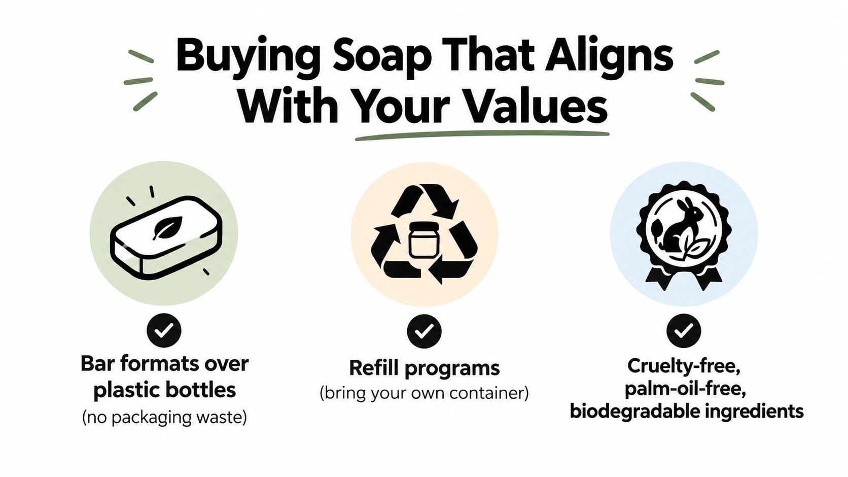 An infographic titled Buying Soap That Aligns With Your Values, showcasing sustainable practices like bar soap, refills, and cruelty-free ingredients.