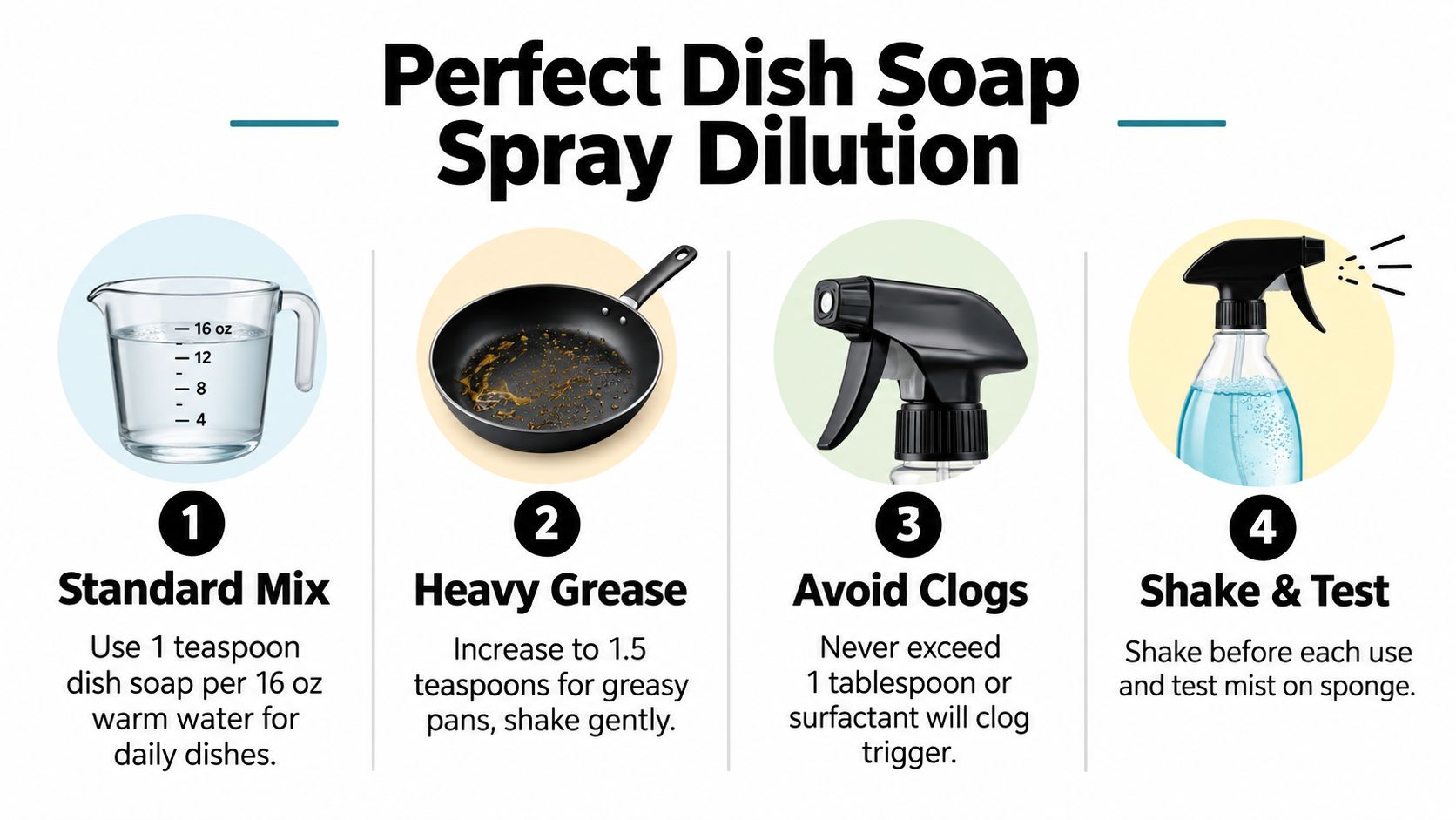 An infographic detailing the instructions for creating a homemade dish soap spray dilution for daily kitchen cleaning.