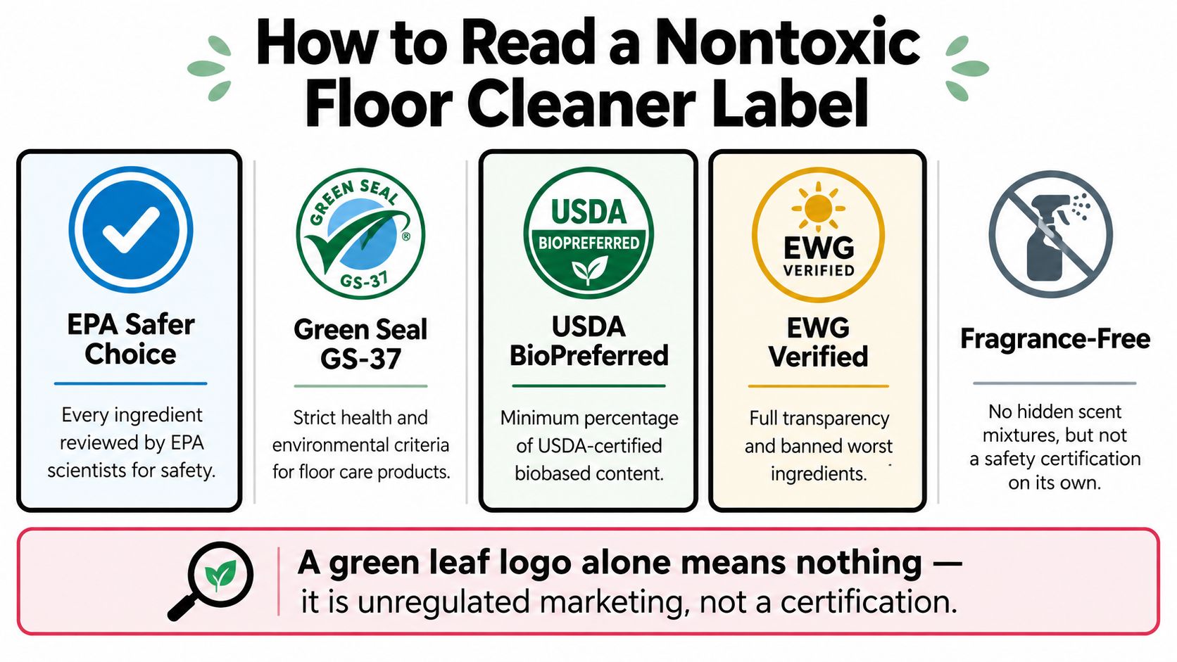 An infographic titled How to Read a Nontoxic Floor Cleaner Label explaining various third-party safety certifications.