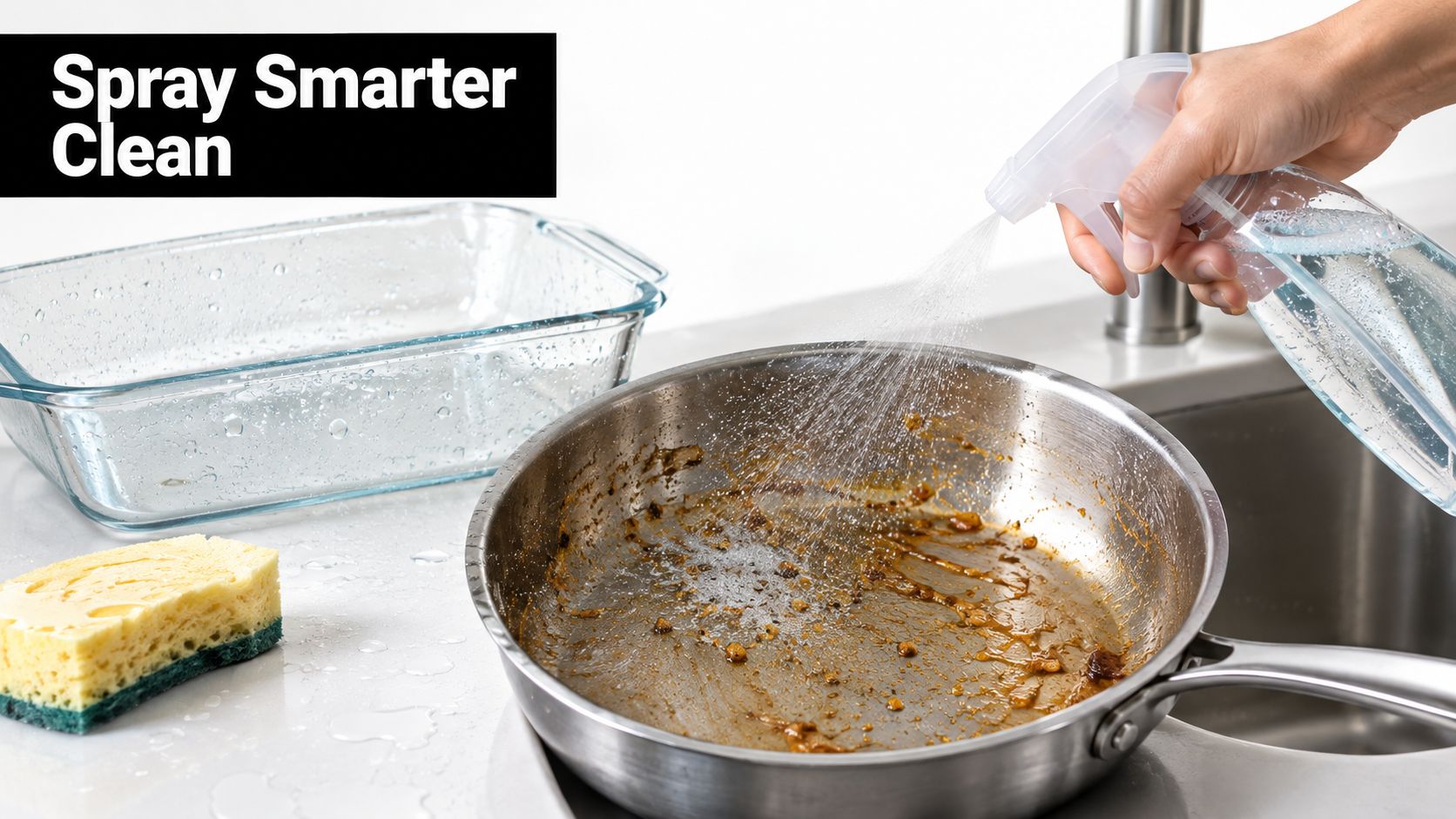 A hand uses a clear spray bottle to clean a greasy stainless steel frying pan in a kitchen.