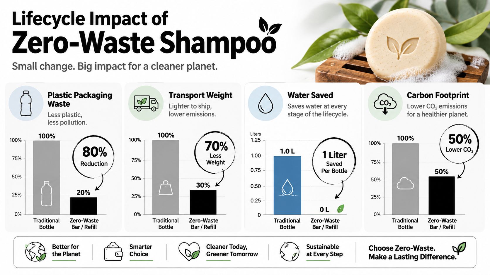 An infographic comparing the environmental benefits of traditional bottled shampoo versus eco-friendly zero-waste shampoo bars and refills.