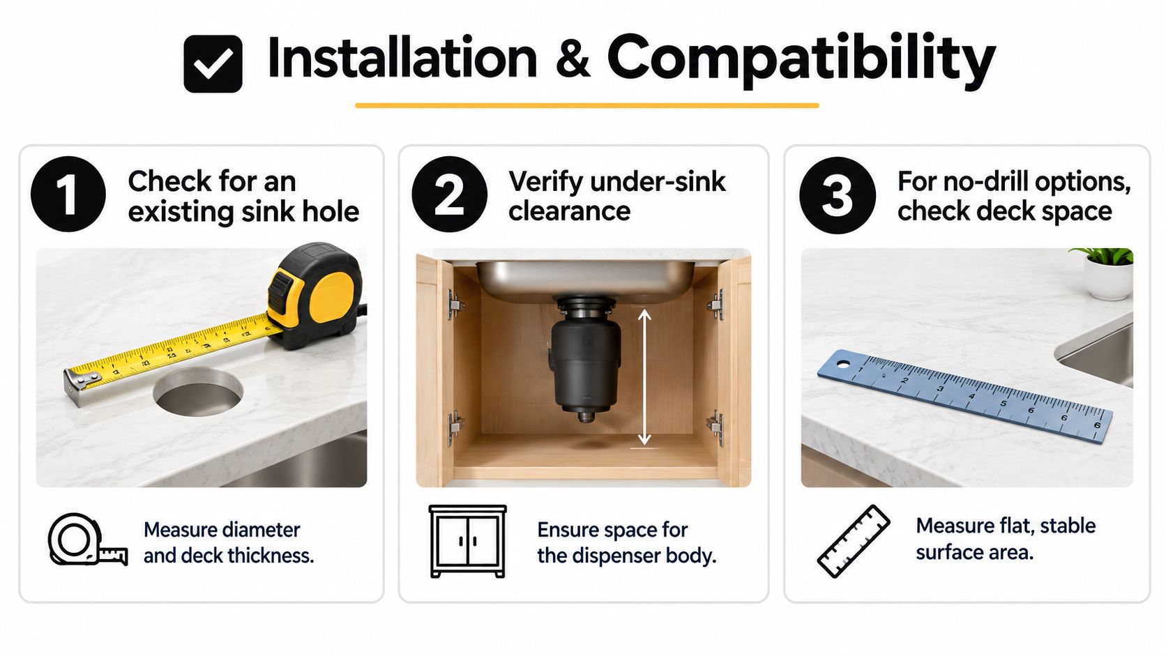 A three-step guide explaining how to check sink compatibility before installing a kitchen soap dispenser.