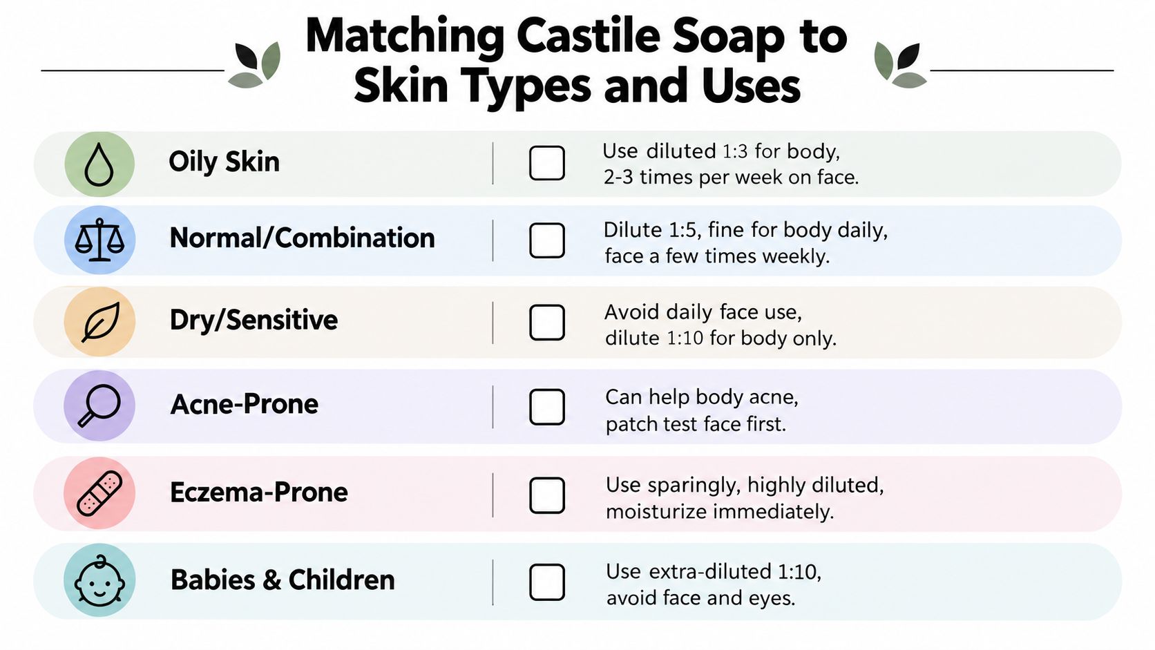 A chart detailing dilution ratios and usage instructions for castile soap based on different skin types.