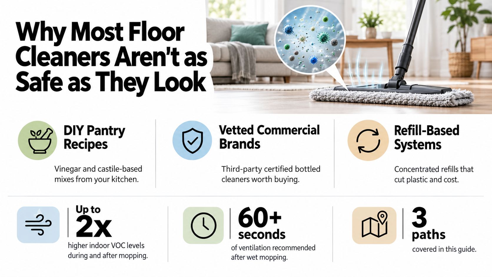 An infographic showing ways to safely clean floors, highlighting DIY recipes, commercial brands, and refill systems.