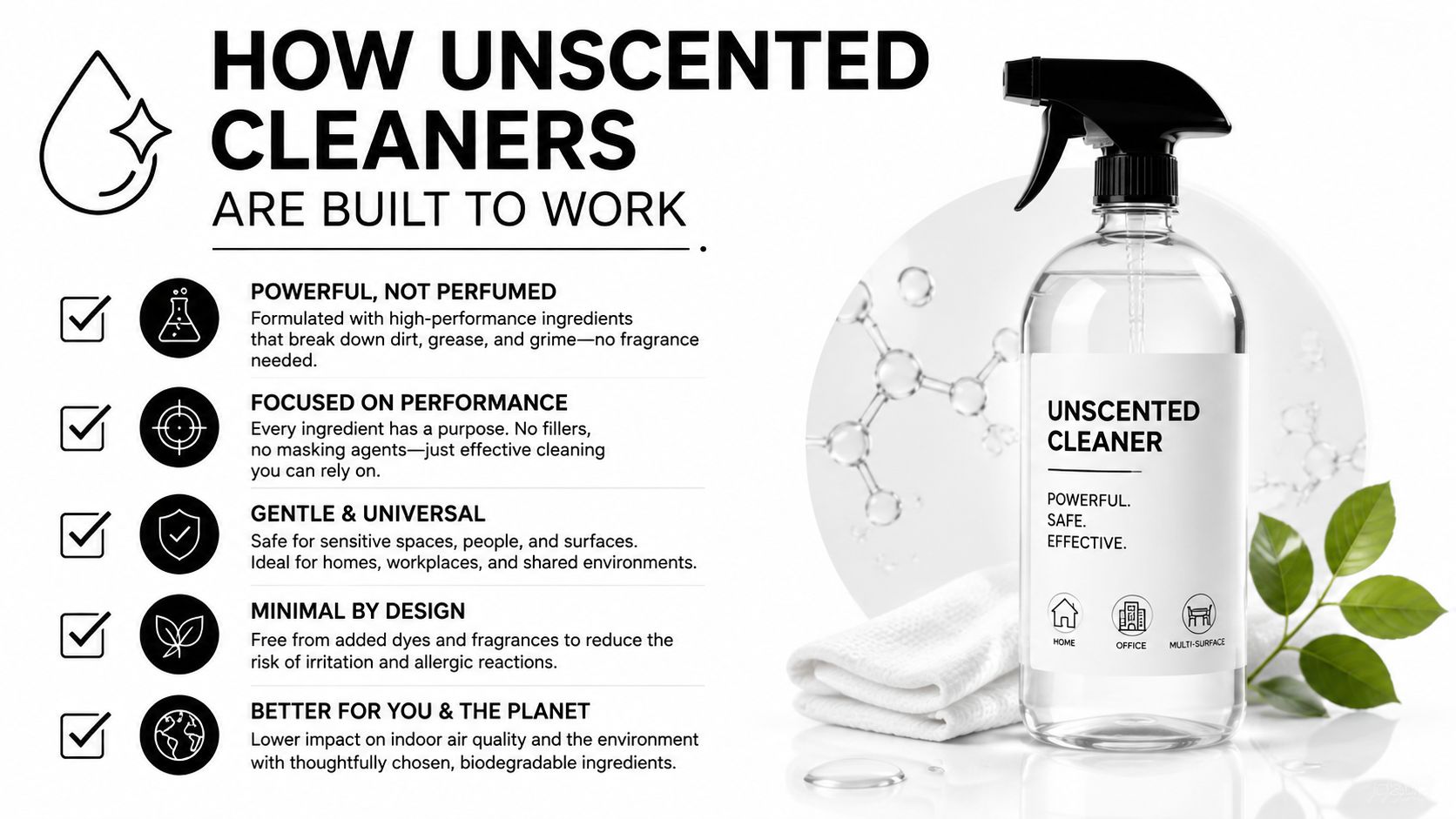 A marketing graphic explaining the benefits of unscented cleaners shown with a spray bottle and cleaning cloth.