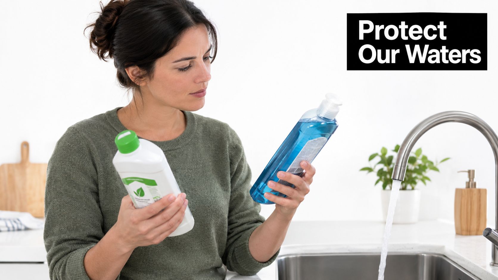 A woman in a green sweater comparing two bottles of cleaning liquid next to a kitchen sink.