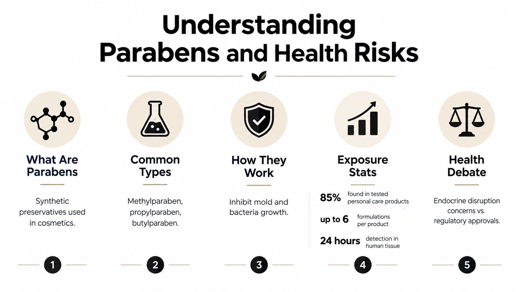 An infographic titled Understanding Parabens and Health Risks, explaining what parabens are, their types, function, and prevalence.
