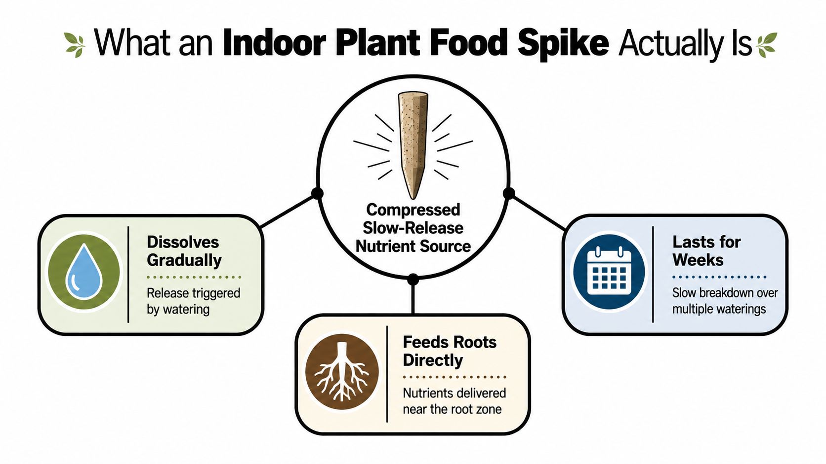 A diagram explaining that indoor plant food spikes are slow-release nutrient sources fed directly to roots.