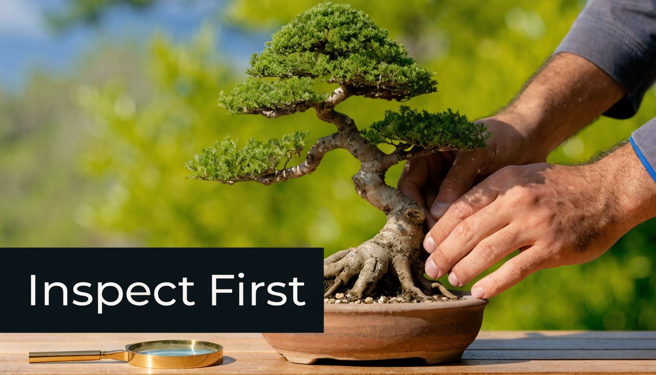 A person carefully touching a small bonsai tree in a pot with a magnifying glass nearby.