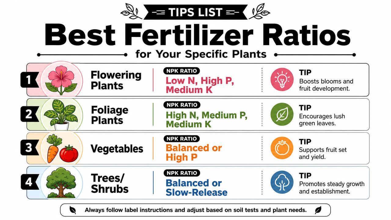 An infographic chart displaying recommended NPK fertilizer ratios for flowering plants, foliage plants, vegetables, and trees.