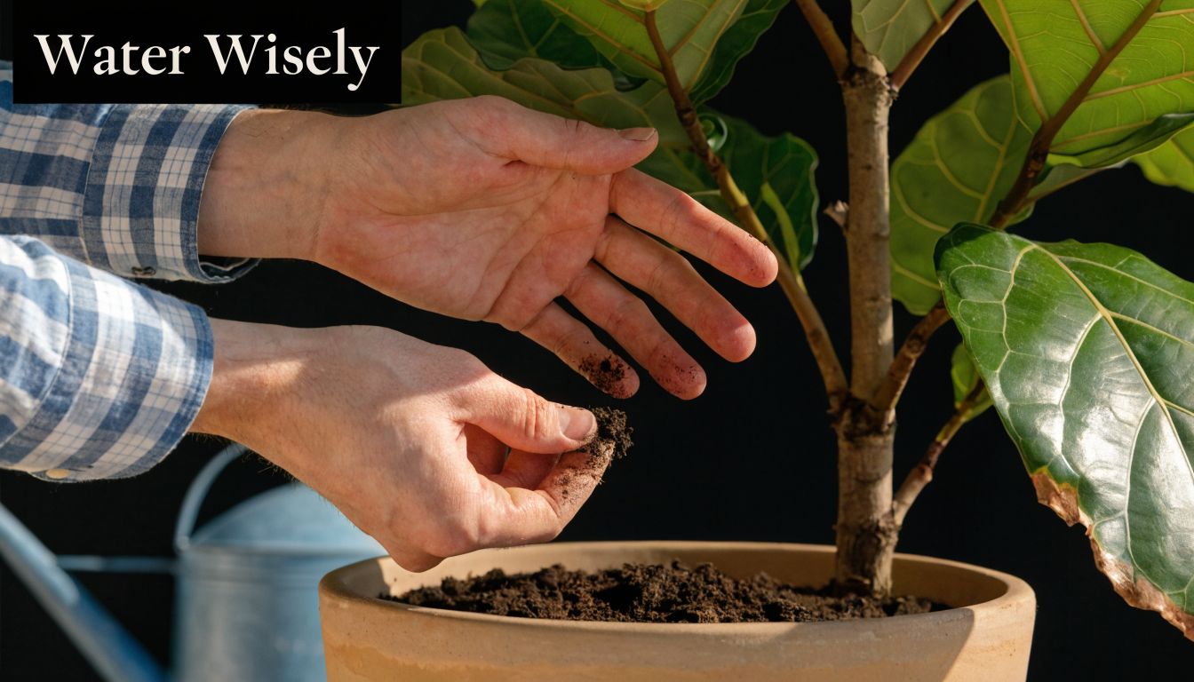 A gardener checks the soil moisture of a fiddle leaf fig plant to ensure proper watering.