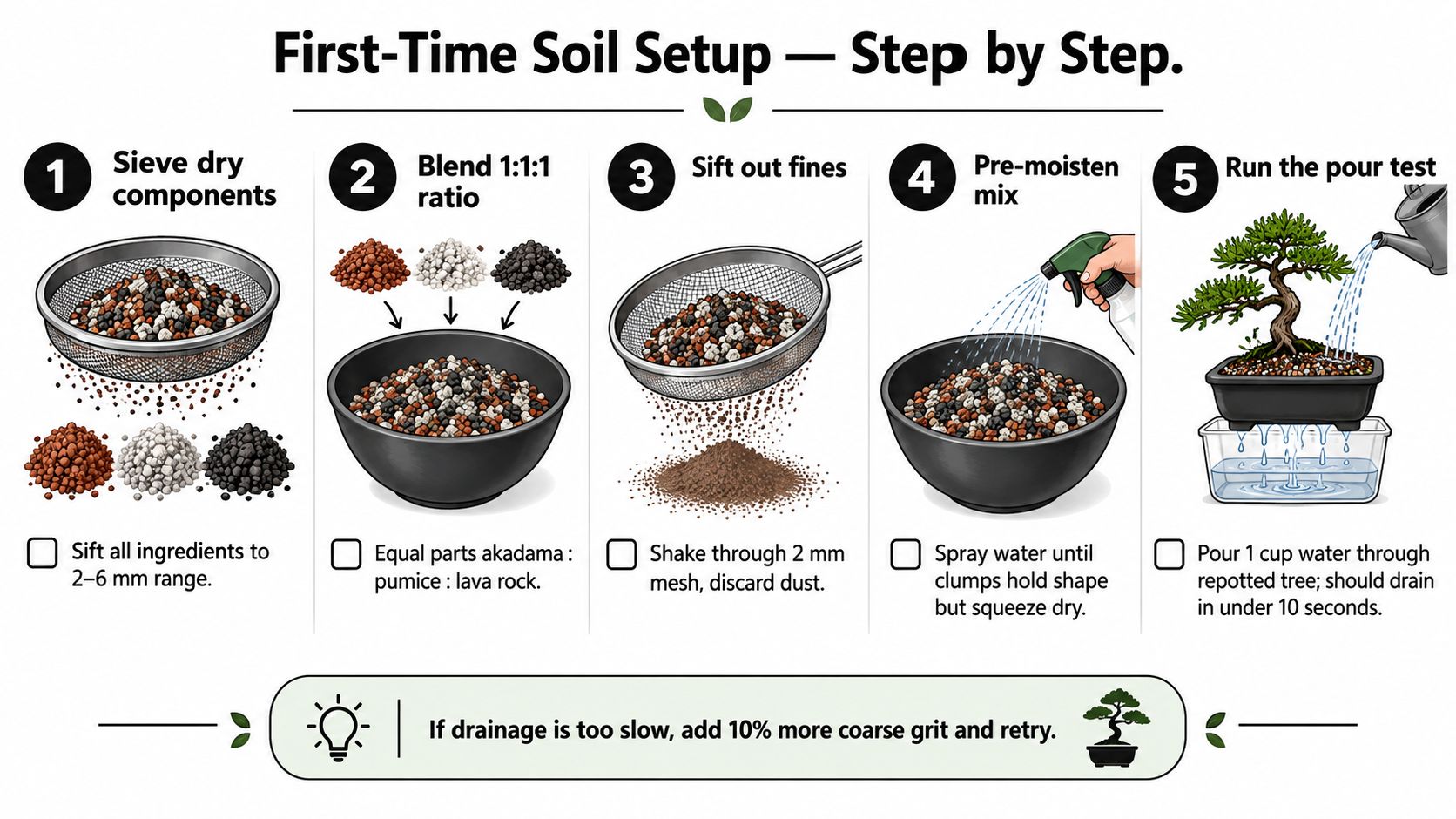 An infographic detailing five simple steps to prepare bonsai soil using a 1:1:1 mixture.