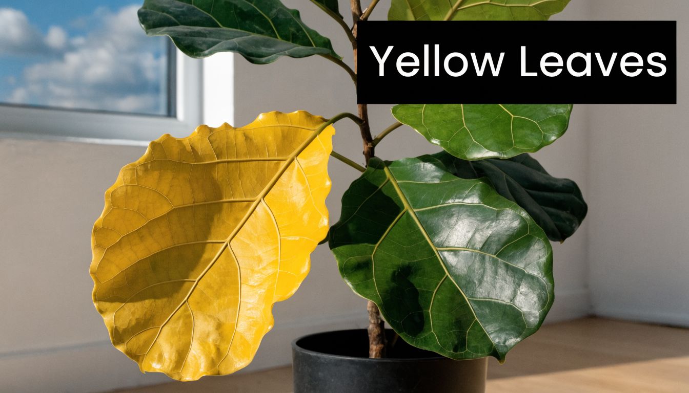 A fiddle leaf fig plant with one prominent yellow leaf standing out against healthy green foliage.