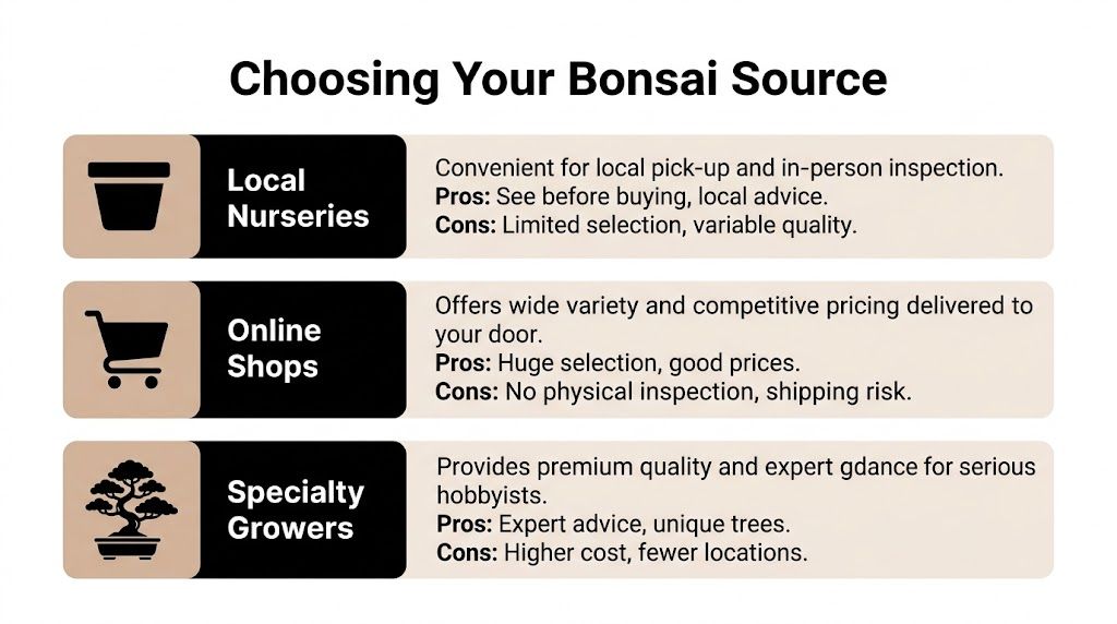 A comparison chart highlighting the pros and cons of local nurseries, online shops, and specialty bonsai growers.