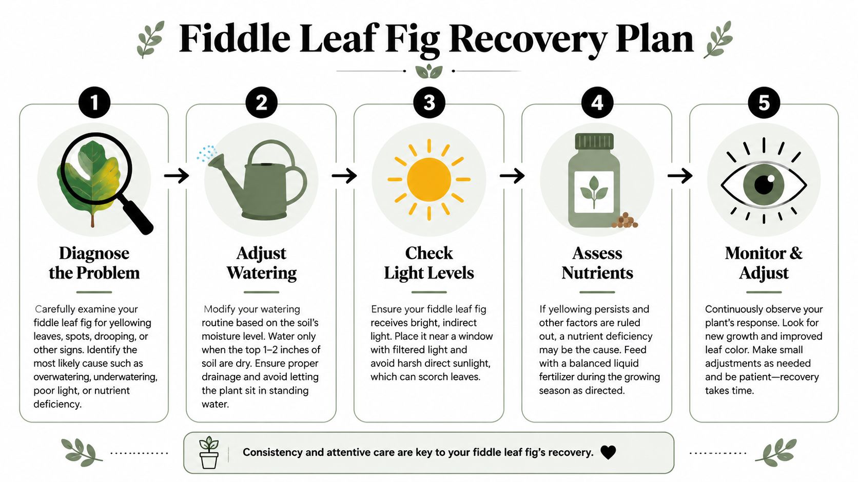An infographic titled Fiddle Leaf Fig Recovery Plan, outlining five steps to heal a distressed houseplant.