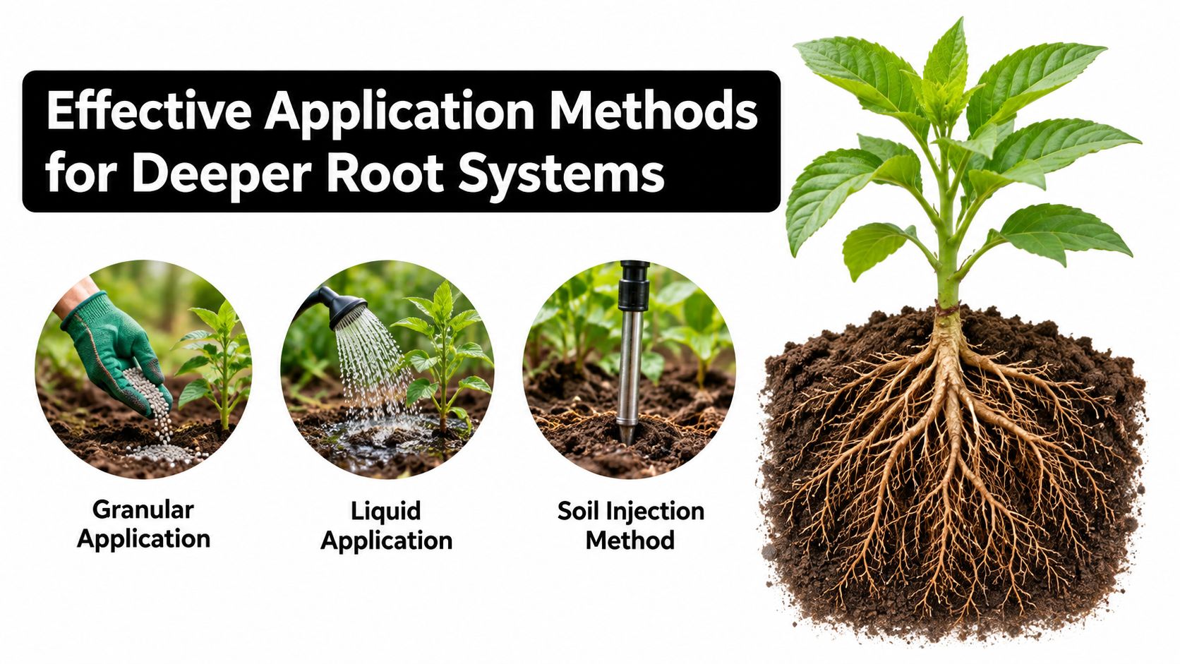 A graphic showing three methods for fertilizer application to promote deeper plant root system development.