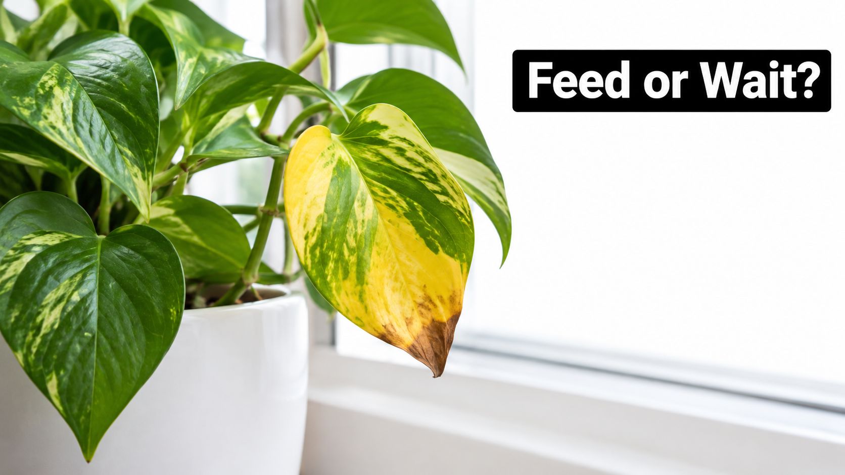 A pothos houseplant in a white pot with one yellowing leaf, suggesting potential nutrient or care issues.