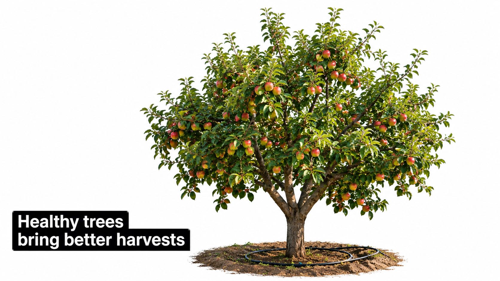 A healthy, fruit-laden apple tree planted in soil with an irrigation system for better agricultural harvests.