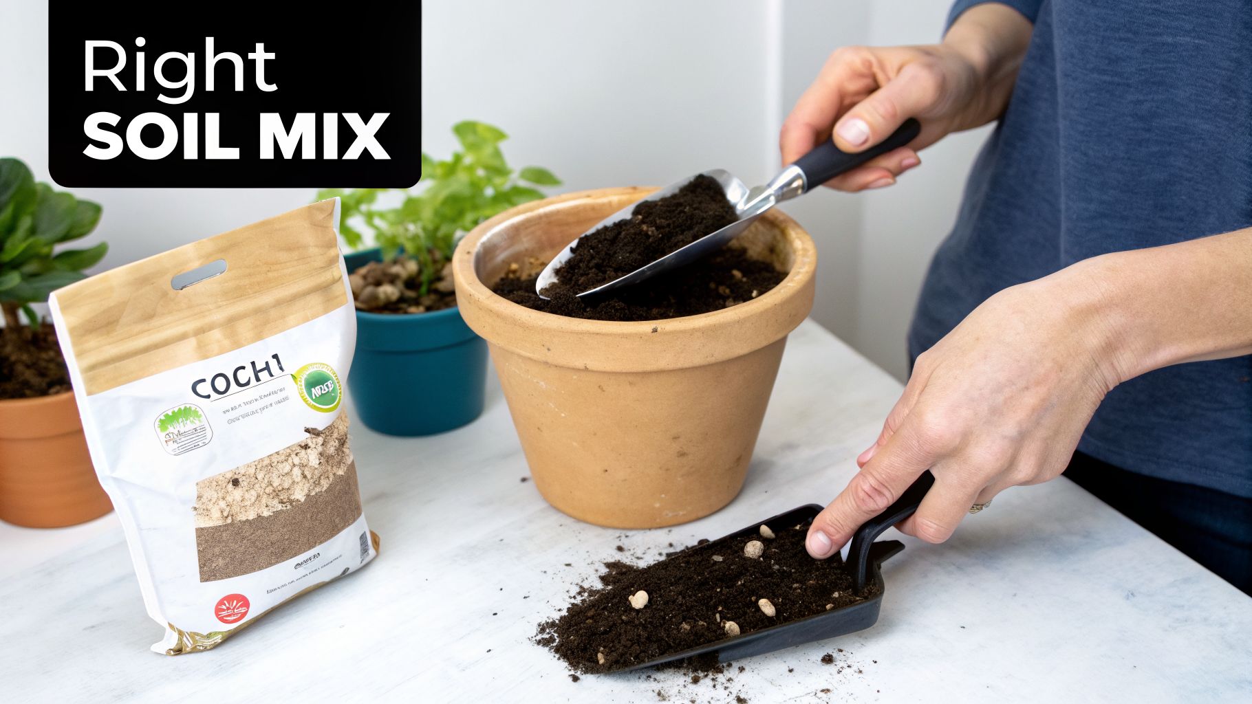 A person uses a trowel to add potting soil to a terracotta pot, with a bag of soil mix.