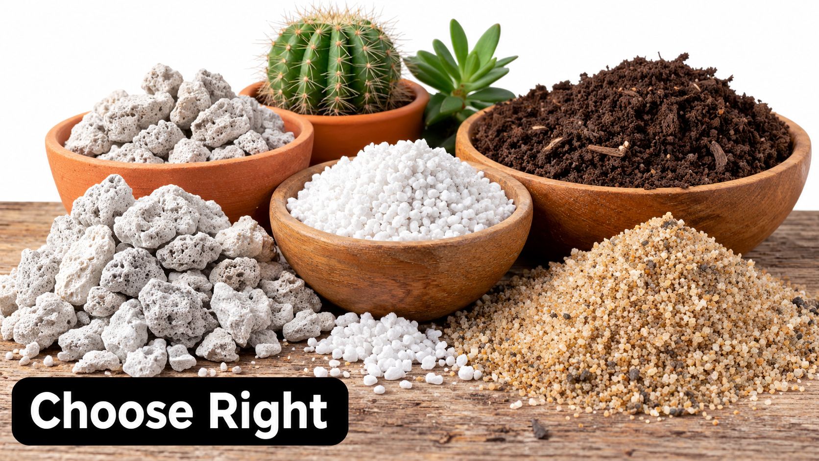 Ingredients for DIY cactus soil mix including pumice, perlite, sand, and dark potting soil on a wooden table.